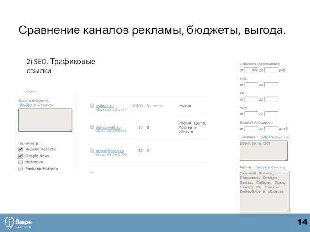 Сравнение каналов рекламы, бюджеты, выгода. 2) SEO. Трафиковые ссылки 14