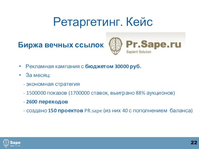 Биржа вечных ссылок Рекламная кампания с бюджетом 30000 руб. За месяц: -