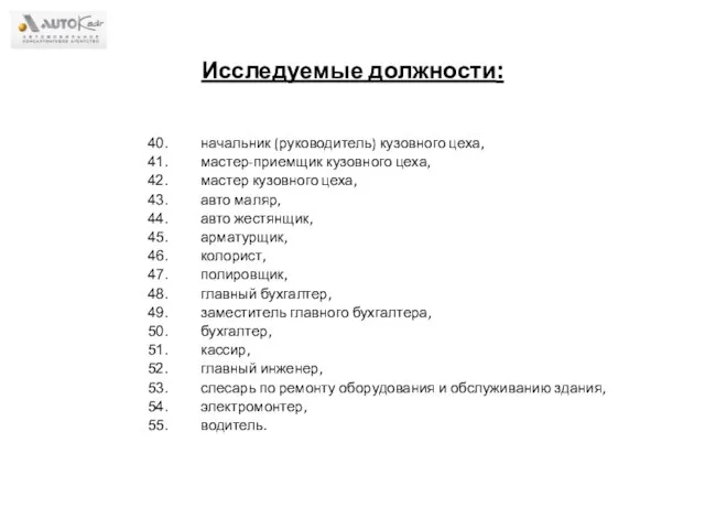 Исследуемые должности: начальник (руководитель) кузовного цеха, мастер-приемщик кузовного цеха, мастер кузовного цеха,