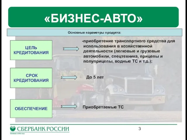 «БИЗНЕС-АВТО» Основные параметры продукта: ЦЕЛЬ КРЕДИТОВАНИЯ приобретение транспортного средства для использования в