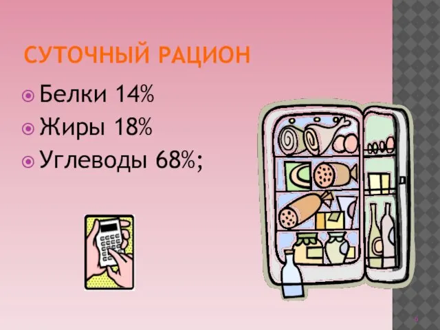 СУТОЧНЫЙ РАЦИОН Белки 14% Жиры 18% Углеводы 68%;