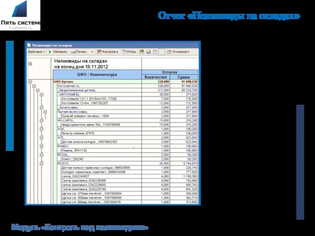 Отчет «Неликвиды на складах» Модуль «Контроль над неликвидами» Отчет «Неликвиды на складах»