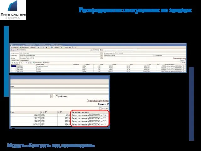 Распределение поступления по заказам Модуль «Контроль над неликвидами» Для исключения возможности оприходования