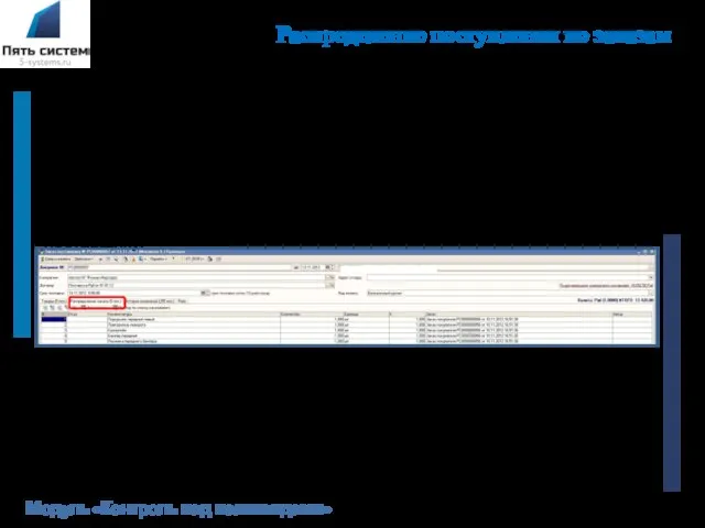 Распределение поступления по заказам Модуль «Контроль над неликвидами» Модуль «Контроль над неликвидами»