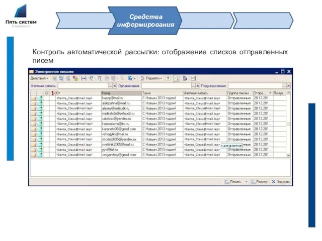 Средства информирования Контроль автоматической рассылки: отображение списков отправленных писем