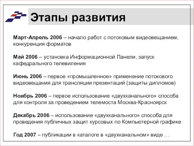 Этапы развития Март-Апрель 2006 – начало работ с потоковым видеовещанием, конкуренция форматов