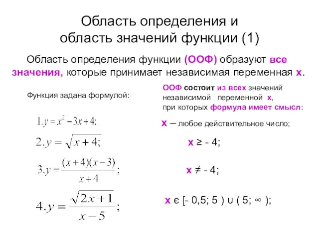 Область определения и область значений функции (1) Область определения функции (ООФ) образуют