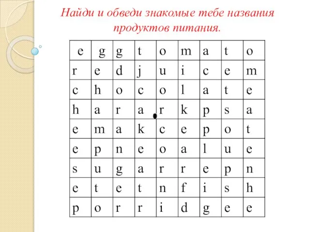 Найди и обведи знакомые тебе названия продуктов питания.