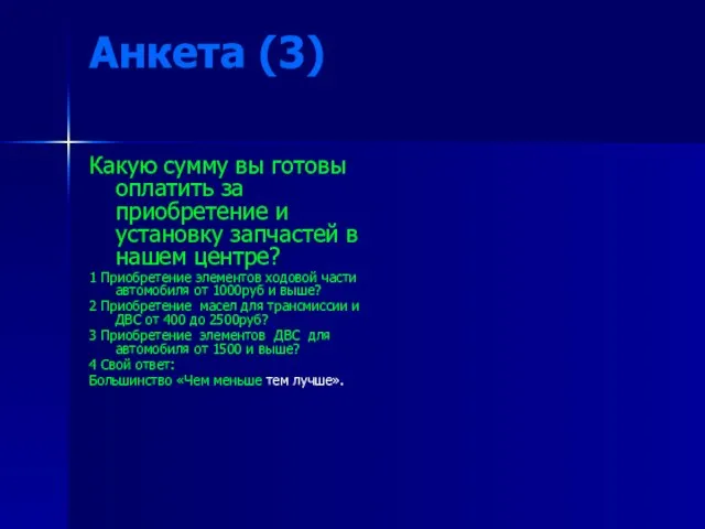 Анкета (3) Какую сумму вы готовы оплатить за приобретение и установку запчастей