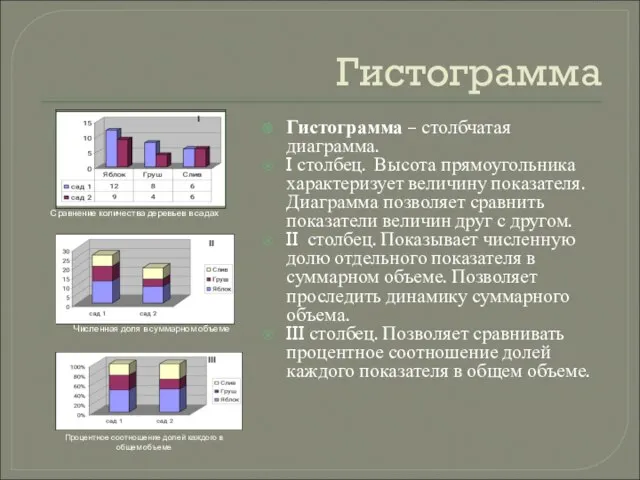 Гистограмма Гистограмма – столбчатая диаграмма. I столбец. Высота прямоугольника характеризует величину показателя.