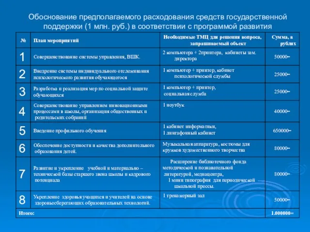 Обоснование предполагаемого расходования средств государственной поддержки (1 млн. руб.) в соответствии с программой развития