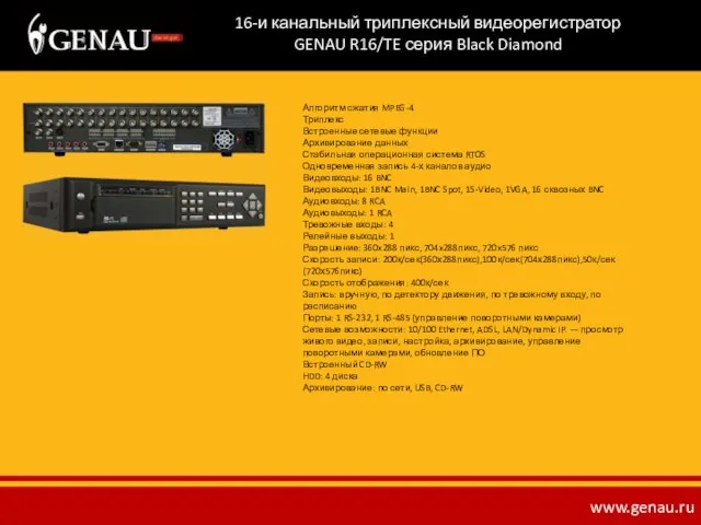 16-и канальный триплексный видеорегистратор GENAU R16/TE серия Black Diamond Алгоритм сжатия MPEG-4