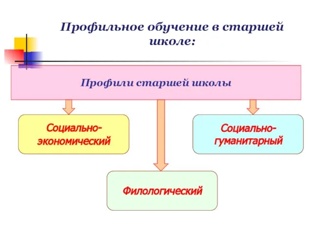 Профильное обучение в старшей школе: Профили старшей школы Социально- экономический Социально- гуманитарный Филологический