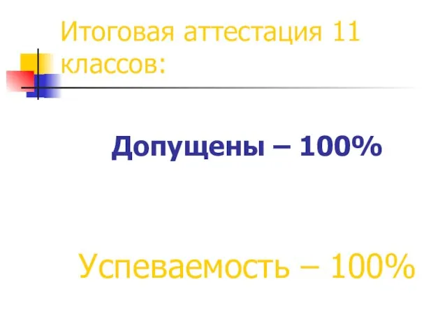 Итоговая аттестация 11 классов: Допущены – 100% Успеваемость – 100%