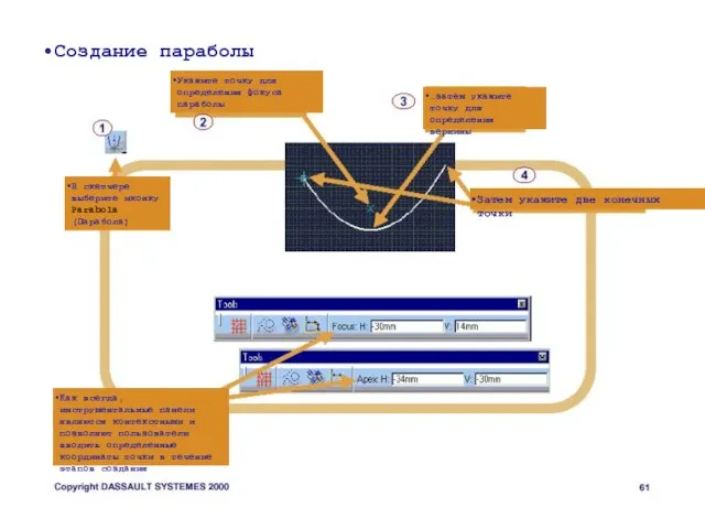 Создание параболы В скетчере выберите иконку Parabola (Парабола) Укажите точку для определения