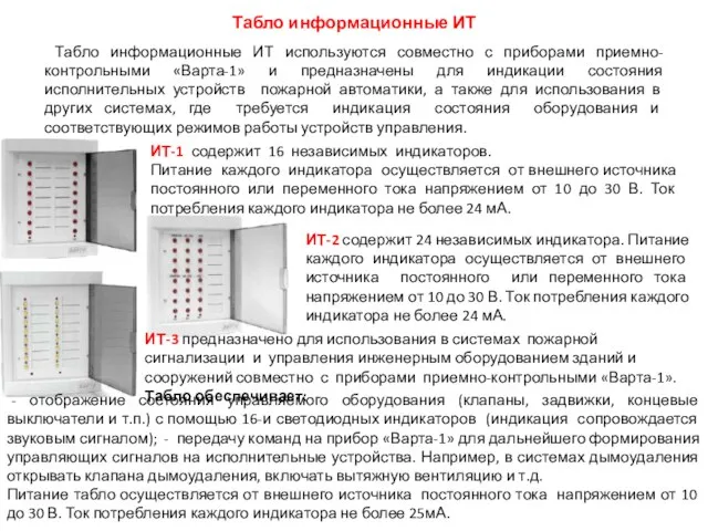 Табло информационные ИТ Табло информационные ИТ используются совместно с приборами приемно-контрольными «Варта-1»