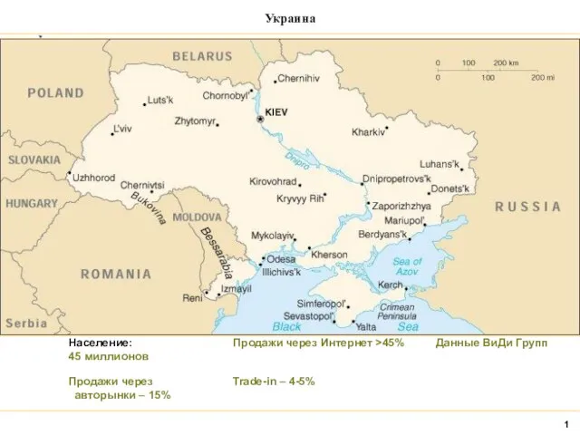 Украина Население: 45 миллионов Продажи через авторынки – 15% Продажи через Интернет