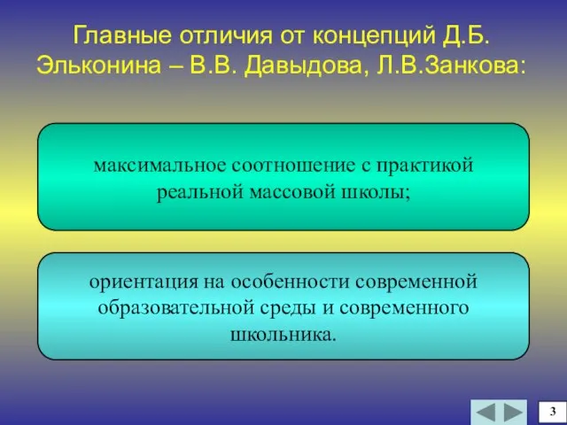 Главные отличия от концепций Д.Б.Эльконина – В.В. Давыдова, Л.В.Занкова: максимальное соотношение с