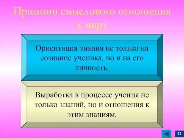 Принцип смыслового отношения к миру Ориентация знания не только на сознание ученика,