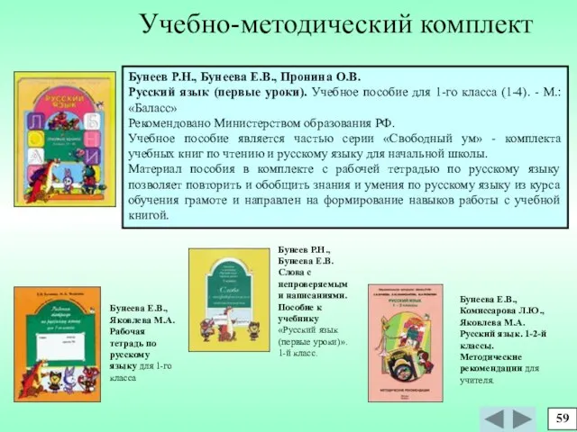 59 Учебно-методический комплект Бунеев Р.Н., Бунеева Е.В., Пронина О.В. Русский язык (первые