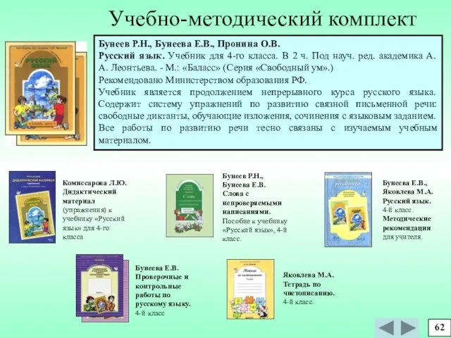 62 Учебно-методический комплект Бунеев Р.Н., Бунеева Е.В., Пронина О.В. Русский язык. Учебник