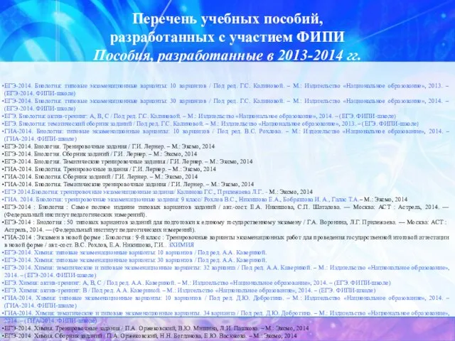 Перечень учебных пособий, разработанных с участием ФИПИ Пособия, разработанные в 2013-2014 гг.