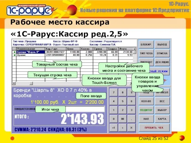 Рабочее место кассира «1С-Рарус:Кассир ред.2,5» Товарный состав чека Текущая строка чека Поле