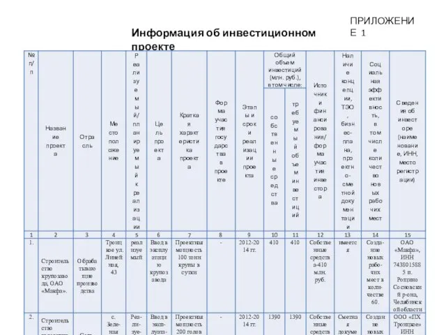 ПРИЛОЖЕНИЕ 1 Информация об инвестиционном проекте