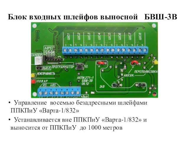 Блок входных шлейфов выносной БВШ-3В Управление восемью безадресными шлейфами ППКПиУ «Варта-1/832» Устанавливается
