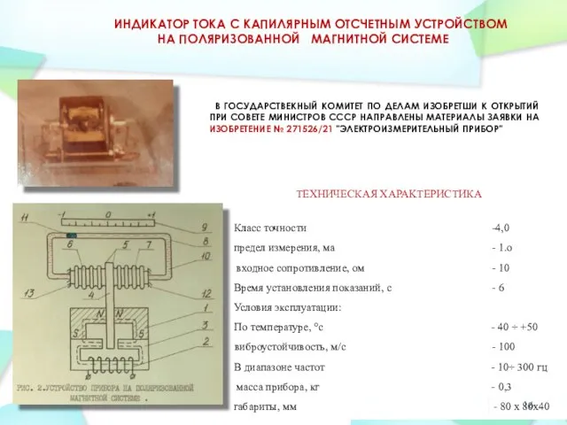 ИНДИКАТОР ТОКА С КАПИЛЯРНЫМ ОТСЧЕТНЫМ УСТРОЙСТВОМ НА ПОЛЯРИЗОВАННОЙ МАГНИТНОЙ СИСТЕМЕ