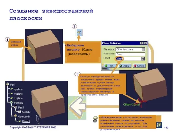 Создание эквидистантной плоскости Укажите грань Выберите иконку Plane (Плоскость) Отступ эквидистанты от