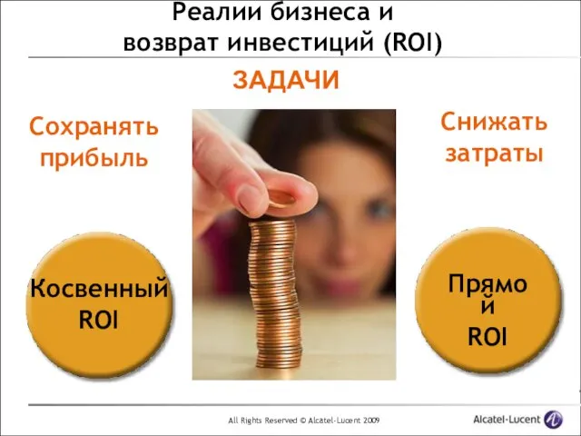 Прямой ROI Косвенный ROI Реалии бизнеса и возврат инвестиций (ROI) Снижать затраты Сохранять прибыль ЗАДАЧИ