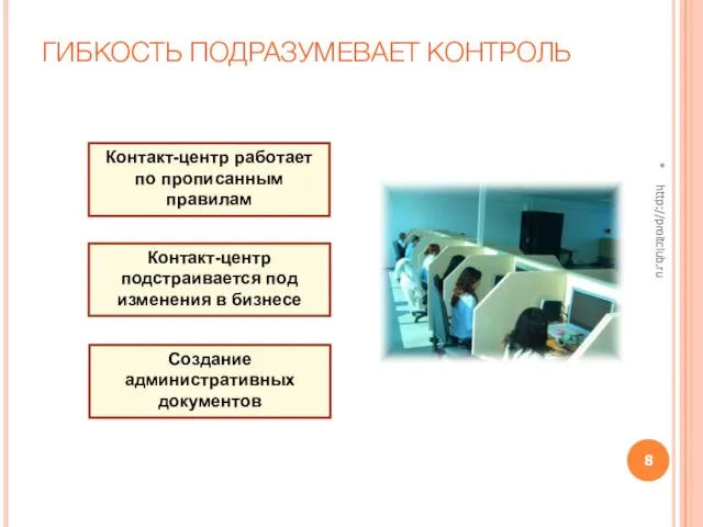 ГИБКОСТЬ ПОДРАЗУМЕВАЕТ КОНТРОЛЬ Контакт-центр работает по прописанным правилам Контакт-центр подстраивается под изменения