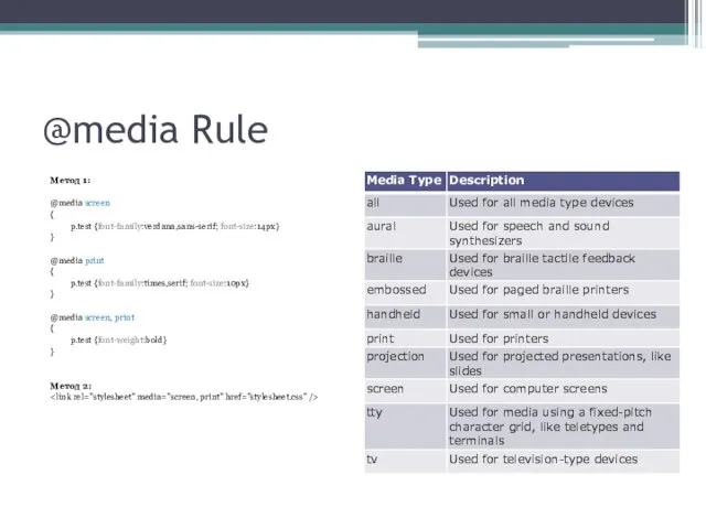 @media Rule Метод 1: @media screen { p.test {font-family:verdana,sans-serif; font-size:14px} } @media