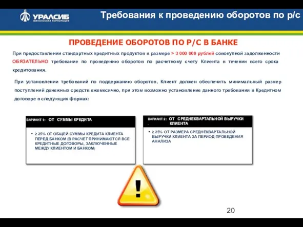 ПРОВЕДЕНИЕ ОБОРОТОВ ПО Р/С В БАНКЕ При предоставлении стандартных кредитных продуктов в