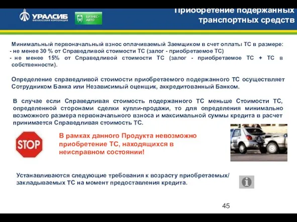 Приобретение подержанных транспортных средств Минимальный первоначальный взнос оплачиваемый Заемщиком в счет оплаты