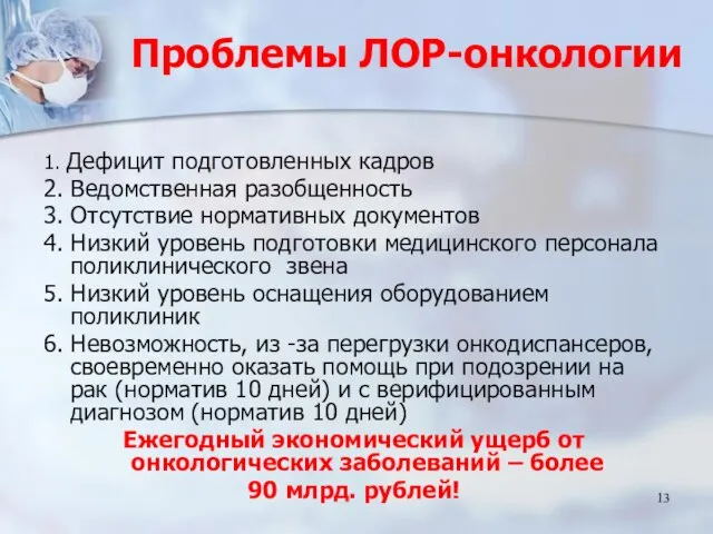 Проблемы ЛОР-онкологии 1. Дефицит подготовленных кадров 2. Ведомственная разобщенность 3. Отсутствие нормативных