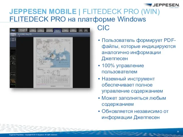 CIC Пользователь формирует PDF-файлы, которые индицируются аналогично информации Джеппесен 100% управление пользователем