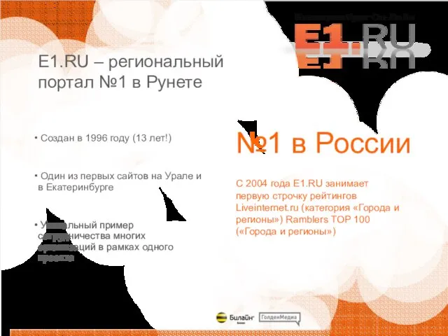 Е1.RU – региональный портал №1 в Рунете Создан в 1996 году (13