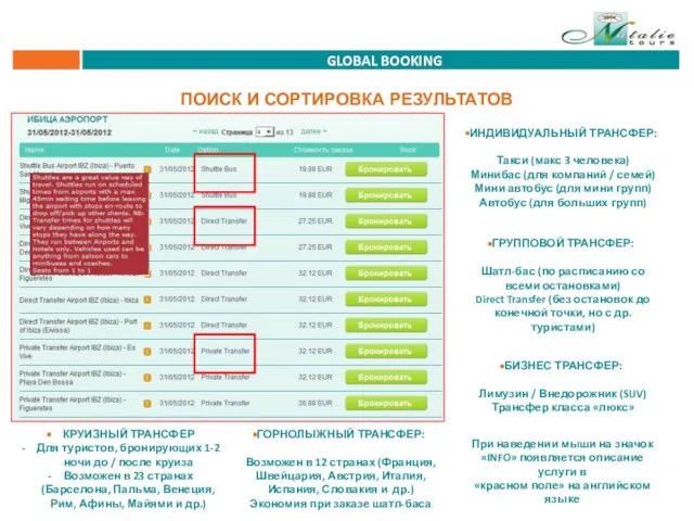 GLOBAL BOOKING ПОИСК И СОРТИРОВКА РЕЗУЛЬТАТОВ ИНДИВИДУАЛЬНЫЙ ТРАНСФЕР: Такси (макс 3 человека)