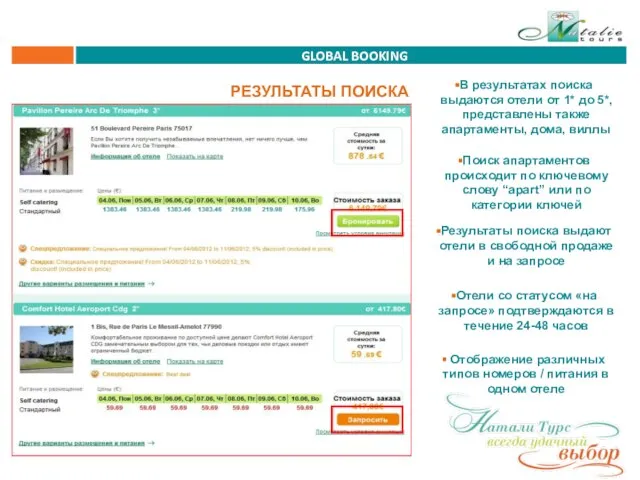 GLOBAL BOOKING РЕЗУЛЬТАТЫ ПОИСКА В результатах поиска выдаются отели от 1* до