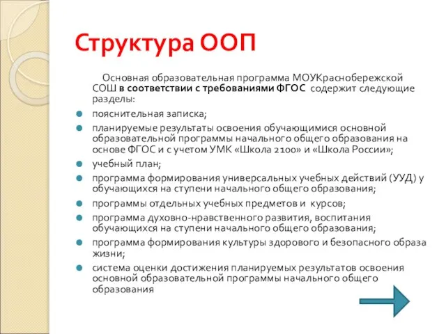 Структура ООП Основная образовательная программа МОУКраснобережской СОШ в соответствии с требованиями ФГОС