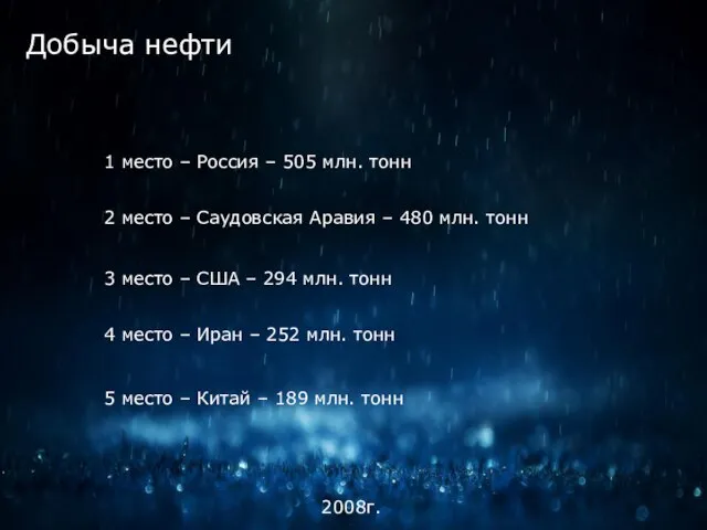 Добыча нефти 1 место – Россия – 505 млн. тонн 2 место