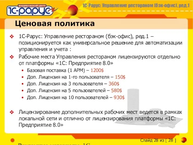 Рекламные материалы, 1С-Рарус Ценовая политика 1С-Рарус: Управление рестораном (бэк-офис), ред.1 – позиционируется