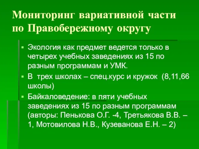 Мониторинг вариативной части по Правобережному округу Экология как предмет ведется только в