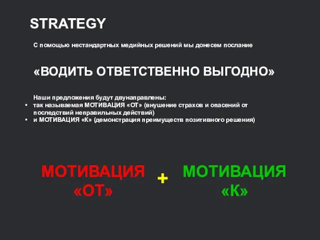 STRATEGY С помощью нестандартных медийных решений мы донесем послание «ВОДИТЬ ОТВЕТСТВЕННО ВЫГОДНО»