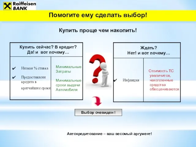 Автокредитование – ваш весомый аргумент! Купить проще чем накопить! Выбор очевиден ! Помогите ему сделать выбор!