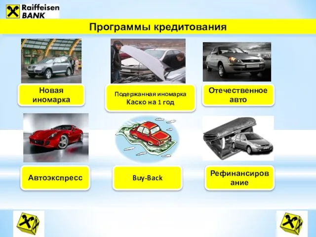 Программы кредитования Новая иномарка Подержанная иномарка Каско на 1 год Отечественное авто Автоэкспресс Buy-Back Рефинансирование