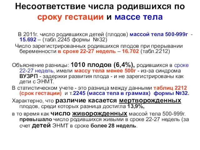 Несоответствие числа родившихся по сроку гестации и массе тела В 2011г. число