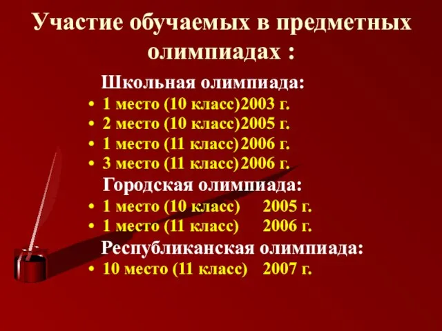 Участие обучаемых в предметных олимпиадах : Школьная олимпиада: 1 место (10 класс)